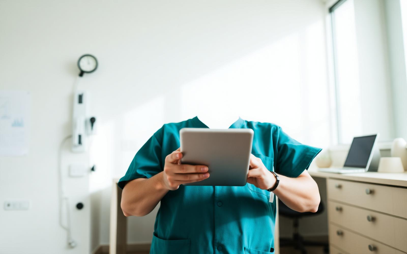 A clinician reviewing a patient chart on a tablet in a bright clinical office