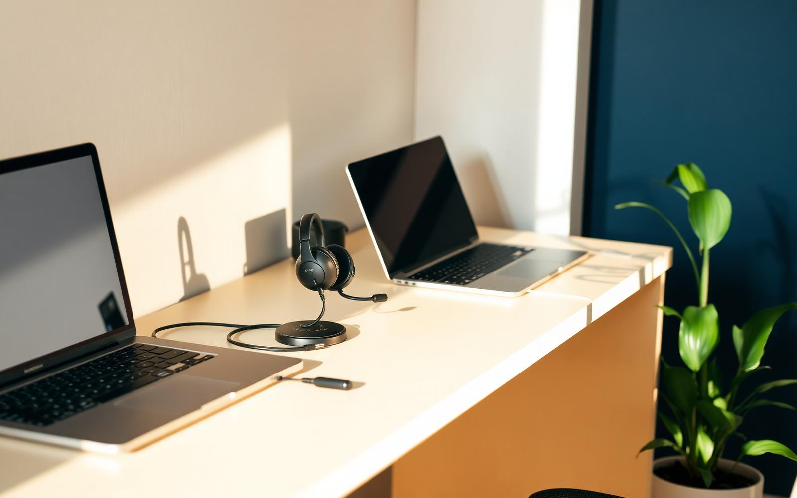 A minimal support workspace with a headset and laptop